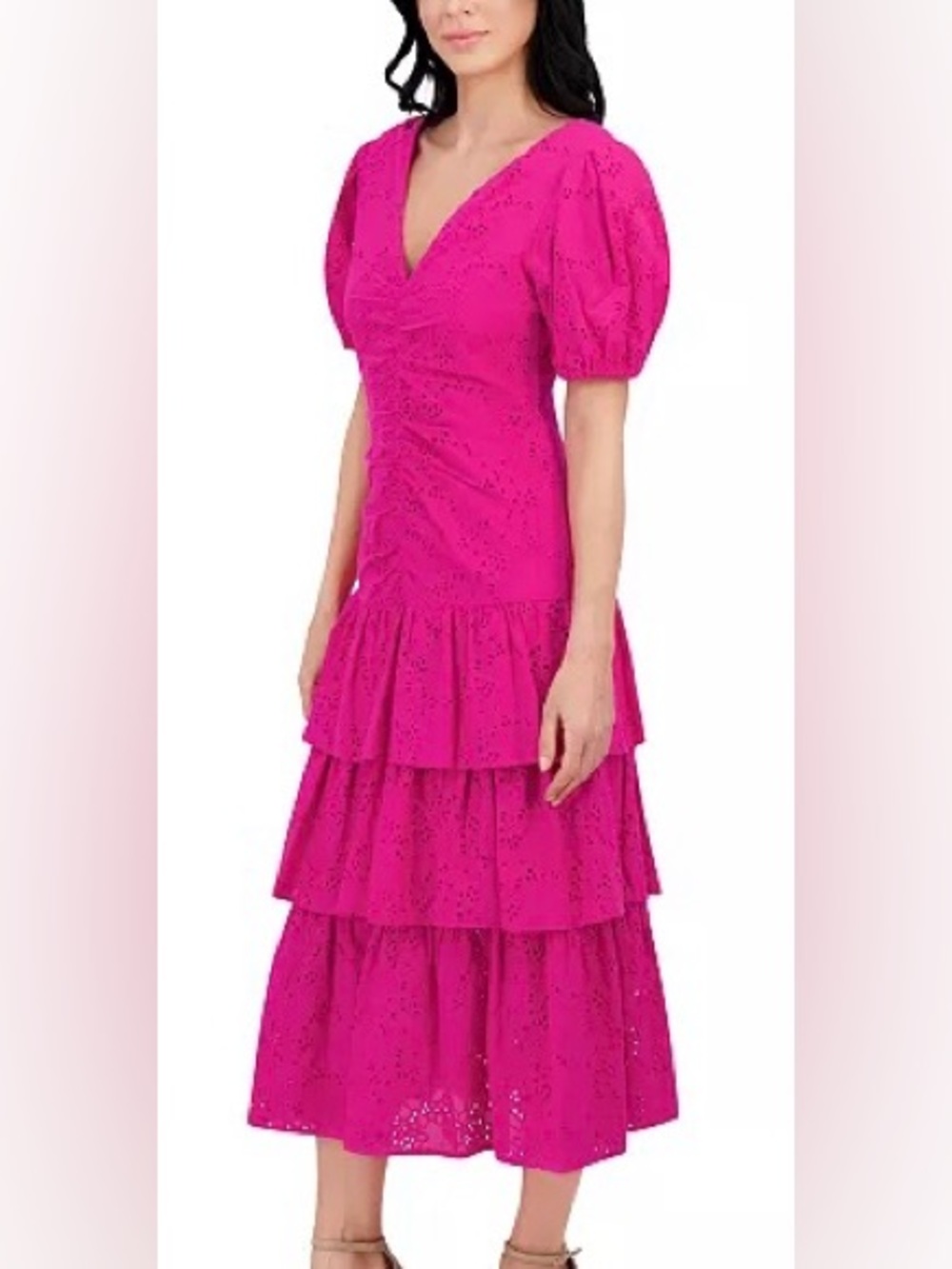 NWT New Kensie Tiered Eyelet Lace Midi Dress Hot Pink Fuchsia 2